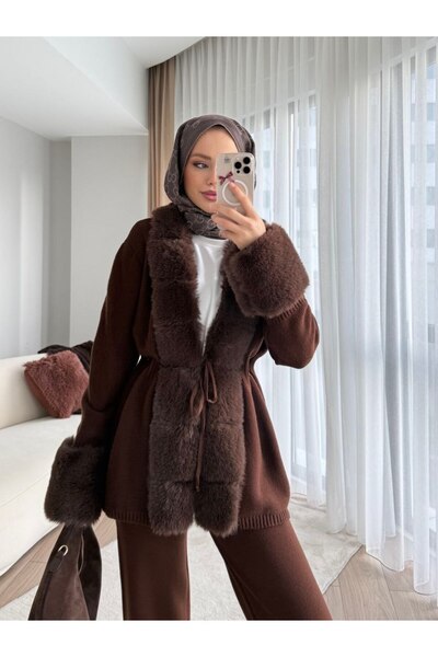 asyadabutik طقم تريكو نسائي مكون من قطعتين مع تفاصيل من الفرو ورباط عند الخصر