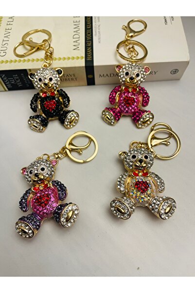 Alışveriş Kasabası مجموعة من 4 مفاتيح وحقيبة زينة على شكل دب تيدي من الحجر