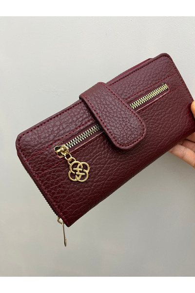 shiny ever Bordo Deri Kadın Cüzdan El Çantası Gold Detaylı