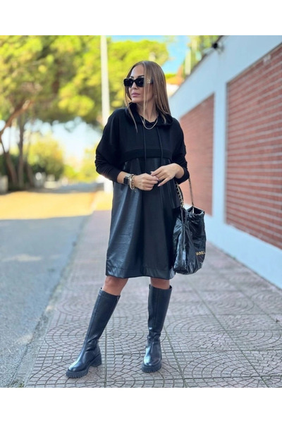 freedom store Дамска рокля с дълъг ръкав, качулка и кожени детайли над коляното