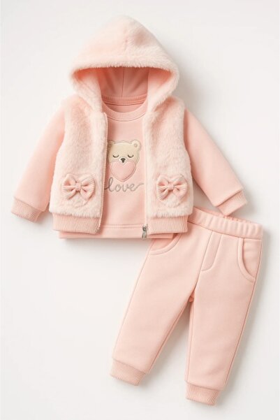 HANNA Girls' 3-Piece Set in Pink, Blouse, Puffy Hooded Vest, Matching Pants