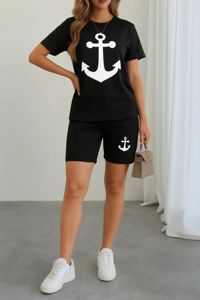 freedom store   Women's Short Sleeve Anchor Printed Viscose Double Suit