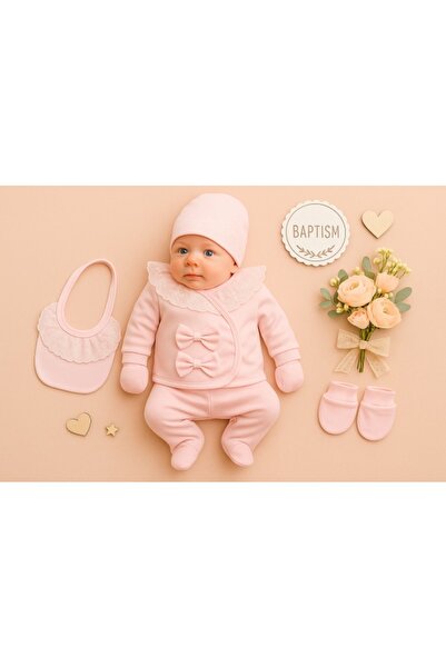 Superbaby Set Fetite 5 Piese Roz Pal cu Dantela – Bluza, Pantaloni, Bavetica,...