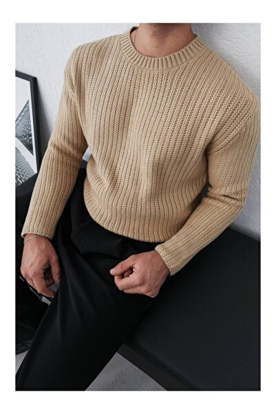 perasttesktil Men's Chain Corded Fabric Crew Neck Sweater