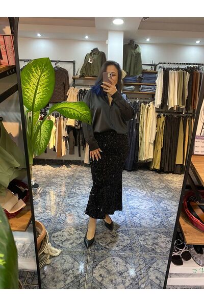 madmadame Payetli Balık Etek Yırtmaçlı Fermuarlı Astarlı