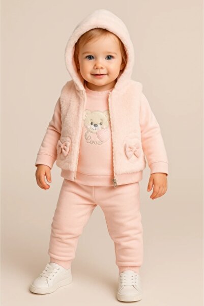 Superbaby Girls' 3-Piece Set in Pink, Blouse, Puffy Hooded Vest, Matching Pants