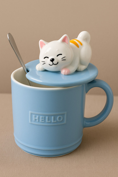 puffypuffy Kapaklı Kedili Seramik Kupa – Mavi Hello Kupa – 400 ml – Kaşık Hediyeli