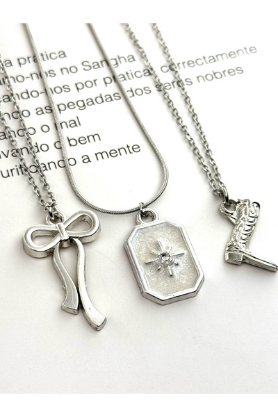 roshel Fiyonk-Kuzey Yıldızı-Çizme Gümüş Renk 3'lü Çelik Kolye Seti