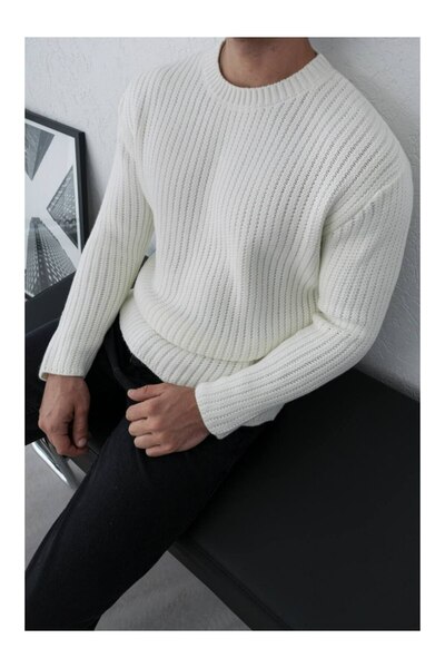 perasttesktil Men's Chain Corded Fabric Crew Neck Sweater