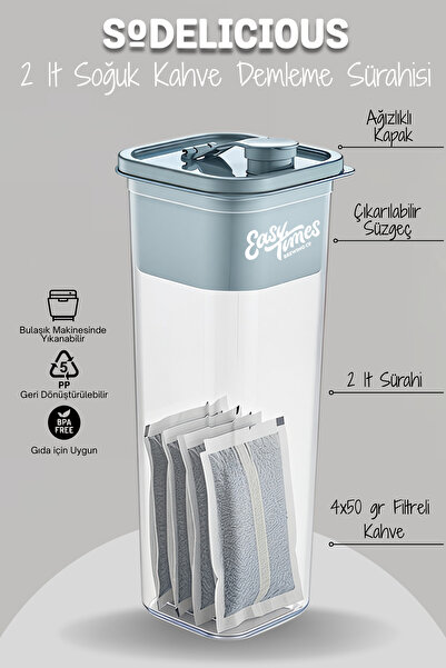 SODELICIOUS COFFEE TEA Cold Brew Coffee Pitcher 2 L + Filter for Cold Brew, Detox & Iced Tea |   4×50 g Coffee Gift