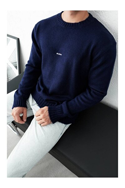 perasttesktil Men's Ribbed Crew Neck Sweater with Embroidered Front