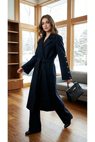 DOGGİ Kadın Düğme ve İspanyol Kol Detaylı Kuşaklı Uzun Kaşe Palto