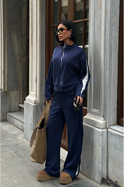 MEECY Striped Detail Zippered Model Tracksuit Set