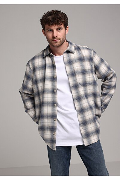 Colin's Comfort Fit Shirt Neck Ekoseli Erkek Mavi Uzun Kol Gömlek