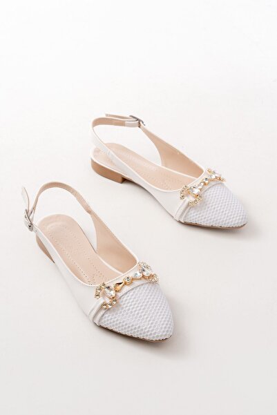 Budi Inf-120 White Daily Mesh Women's Ballerinas with Stone Accessories