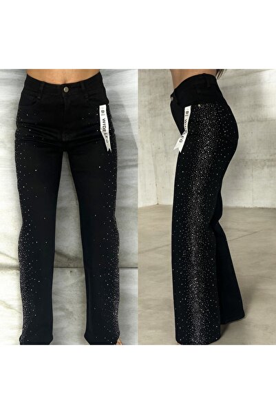 DENRA Blugi negri wide leg cu sclipici lateral