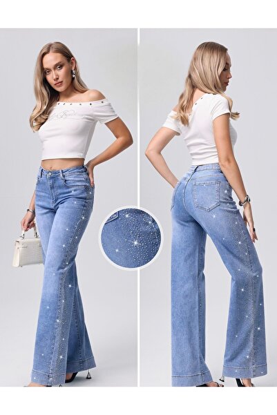 DENRA Blugi cu croi larg și strasuri laterale