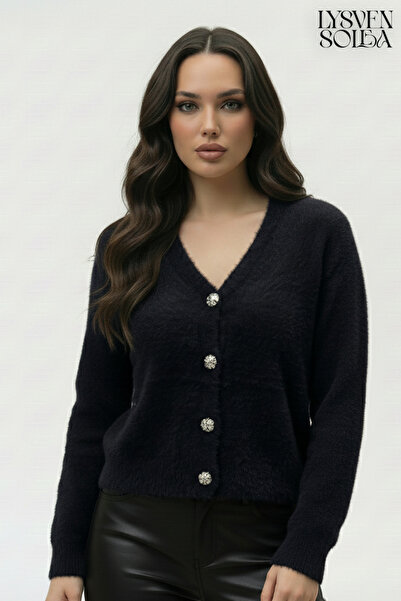 Lysven Solea Peluş Triko Hırka V Yaka Düğmeli Uzun Kollu