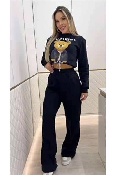 nedo7 طقم نسائي مكون من قطعتين بأكمام طويلة وياقة دائرية ونقشة من خيطين مبطن بالصوف بلوزة وبنطلون