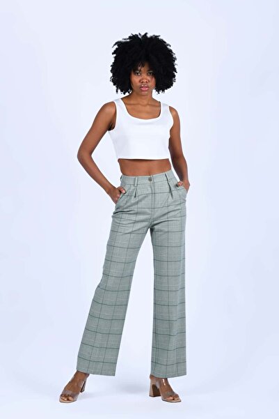la luce Mint Wide Leg Ekose Kumaş Pantolon - QP156