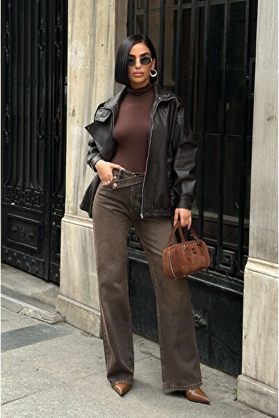 MEECY Women's High Waist Belt Detailed Palazzo Stretch Fabric Jeans