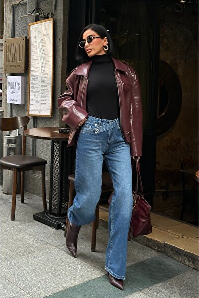 MEECY Women's High Waist Belt Detailed Palazzo Stretch Fabric Jeans