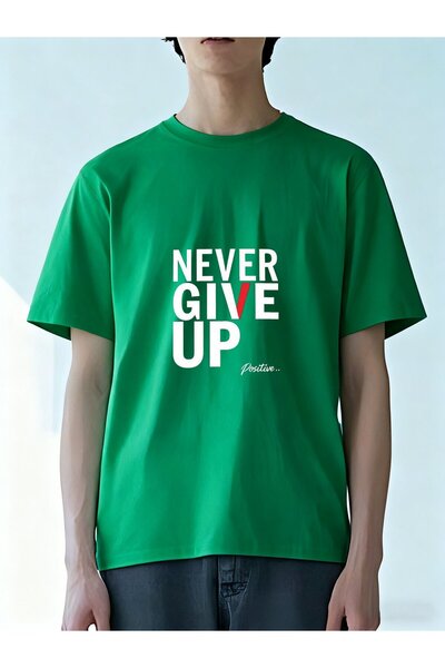 MIXSNOW تي شيرت رجالي كبير الحجم برقبة مستديرة: "NEVER GIVE UP" - 100٪ قطن نا...