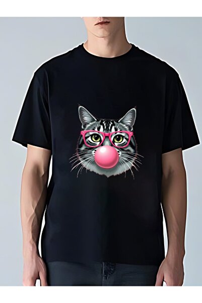 MIXSNOW تي شيرت رجالي كبير الحجم برقبة مستديرة: قطة مع علكة فقاعية - 100٪ قطن ناعم ومريح، 3 ألوان