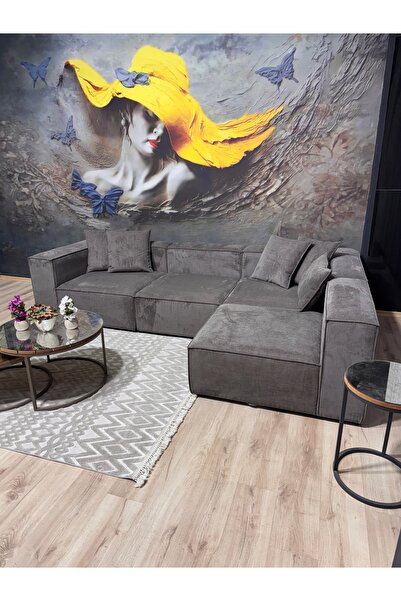 Erduran Mobilya Angelo 4 modül fitilli kadife Antrasit gri köşe koltuk takımı