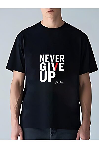 MIXSNOW تي شيرت رجالي كبير الحجم برقبة مستديرة: "NEVER GIVE UP" - 100٪ قطن نا...
