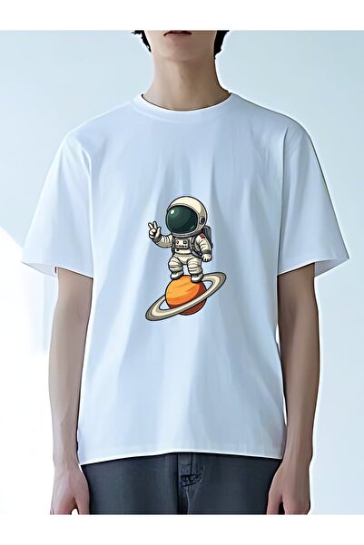 MIXSNOW تي شيرت رجالي كبير الحجم برقبة مستديرة: رائد فضاء وكوكب - 100٪ قطن نا...