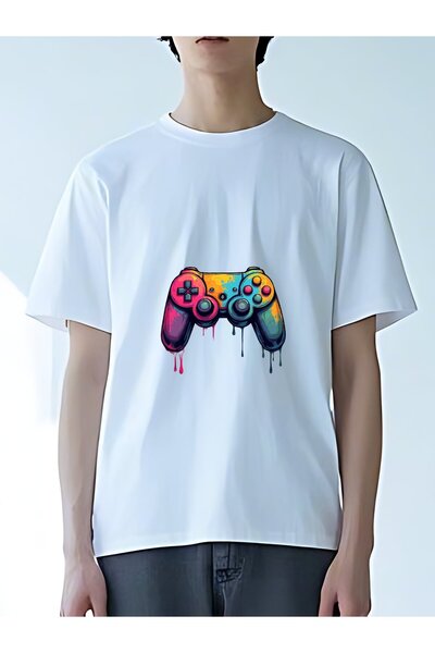 MIXSNOW Men's Oversize Round Neck T-Shirt: Colorful Game Controller- 100% Cot...