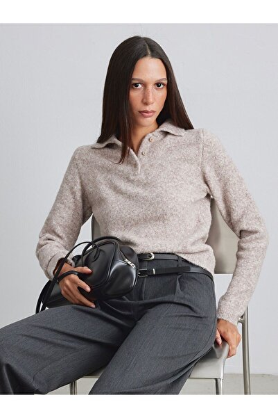 LC Waikiki Дамски плетен пуловер с поло яка LCW Vision от вълнена смес