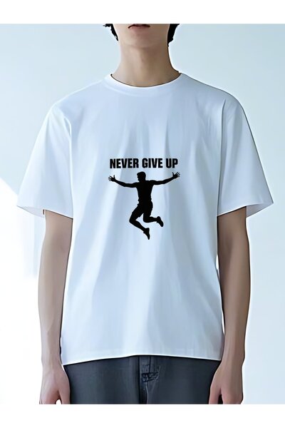 MIXSNOW تي شيرت رجالي كبير الحجم برقبة مستديرة: "NEVER GIVE UP" - 100٪ قطن نا...