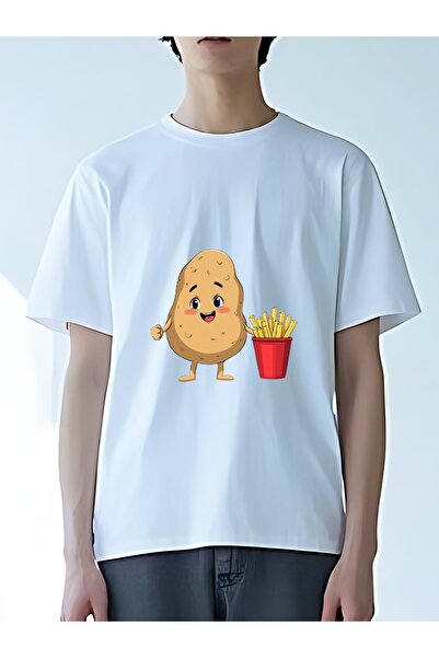 MIXSNOW تي شيرت رجالي كبير الحجم برقبة مستديرة: Potato & Fries - 100٪ قطن ناع...