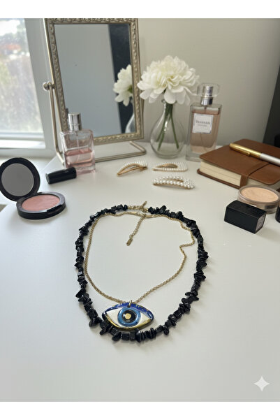 İki Cadı Tasarım Handmade Ceramic Eye Detailed, Black Natural Stone, Stainless Steel Chain Beaded Necklace