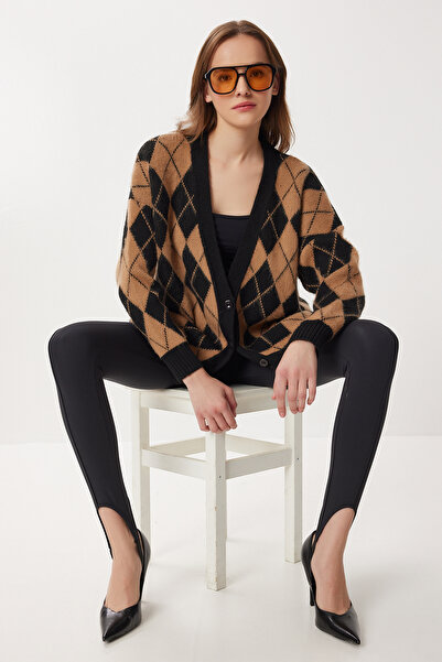Lovelyİstanbul Baklava Patterned Furry and Wool Effect Knitwear Cardigan Lxa0029 Black Biscuit