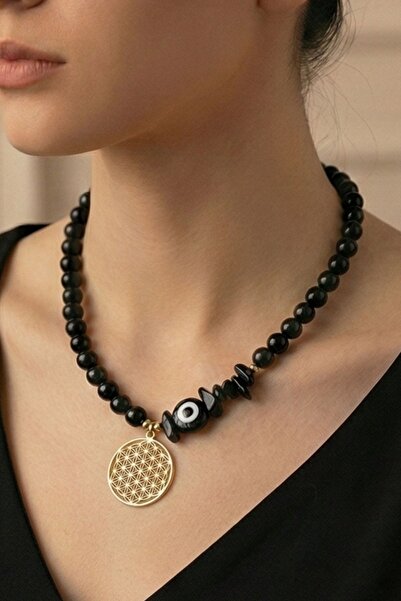 Pemila Design Black Evil Eye Beaded Flower of Life Pendant Gold Necklace – No...