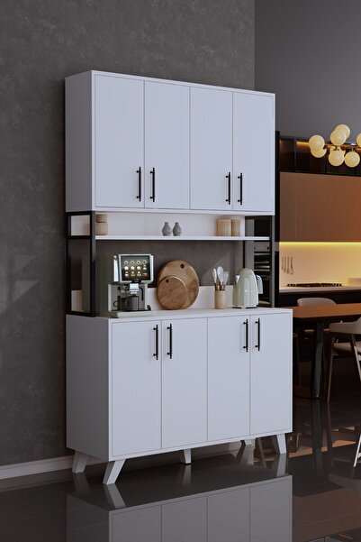 Pratico Volk 8 Kapaklı Kahve Köşesi Çok Amaçlı Mutfak Dolabı Beyaz