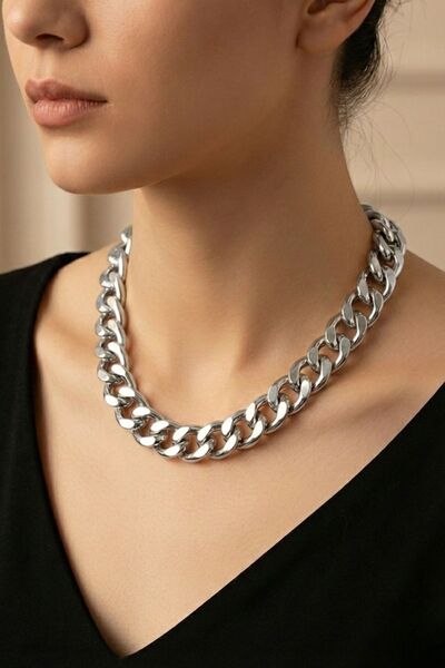 Pemila Design Kalın Gümüş Renk Zincir Kolye – Kararmaz, Anti Alerjik Statement Tasarım (40+5 cm)