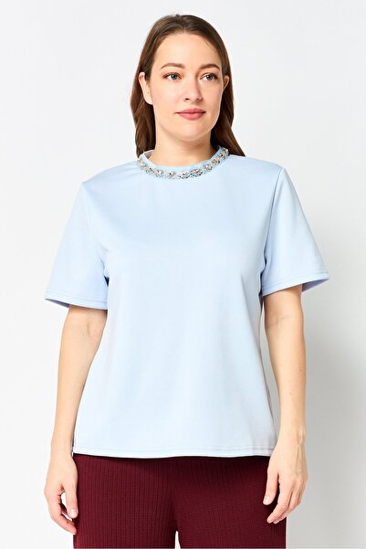 Bebe Women Crew Neck Plain Short Sleeve Top, Light Blue