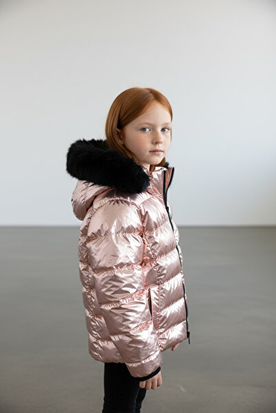 İHRACATFAZLASI Girl's Fleece Lined Hooded Faux Fur Shiny Coat
