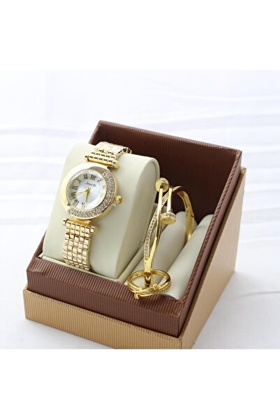 rovan أطقم ذهبية فاخرة: كل طقم مكون من 3 قطع (ساعة مرصعة، إسوارة، خاتم) بتصام...