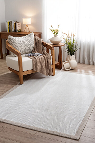 Koza Halı Noa Ekru Vizon Iskandinav Yıkanabilir Bordürlü Halı Kilim Balkon Teras Koridor Halısı A3936A