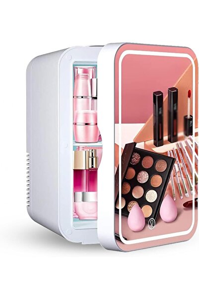 Saharaz ثلاجة صغيرة بسعة 8 لترات للاستخدام المزدوج في السكن الجامعي والسيارة والمنزل، ثلاجة للمكياج للعناية بالبشرة، لون وردي (أبيض)