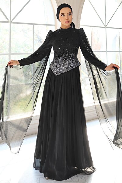 Olcay Stone Beaded Pleated and Cape Detailed Satin-Yoryo Silk Hijab Evening Dress Black 1054