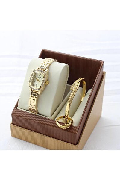 rovan Luxurious gold set: a diamond-encrusted watch, bracelet, and ring, presented in an attractive gift box.