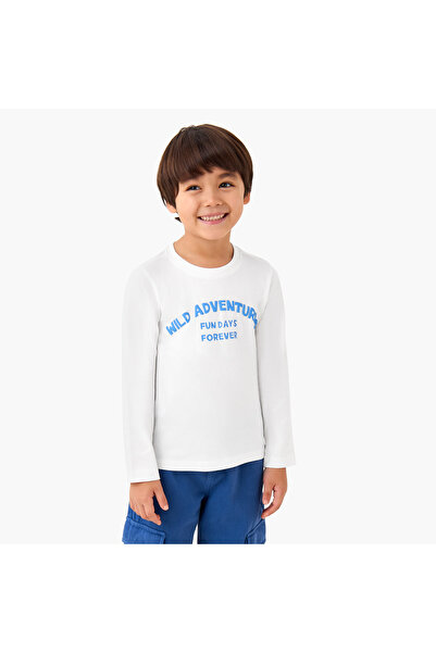 Juniors تي شيرت برقبة دائرية للأولاد مع شعار مطبوع - قطن - أكمام طويلة