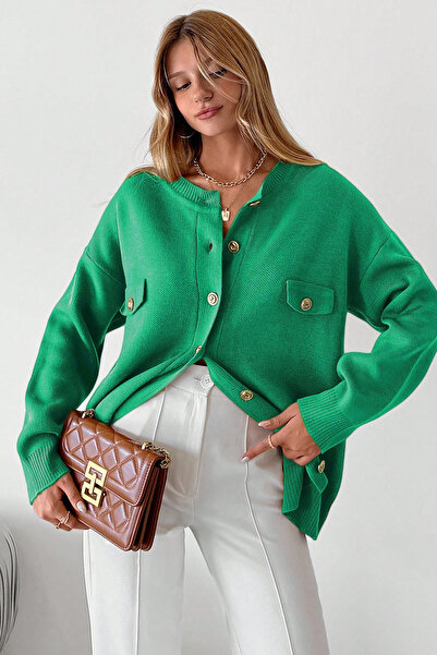 H&E LUXURY DESIGN Women's Gold Button Detailed Oversized Cardigan