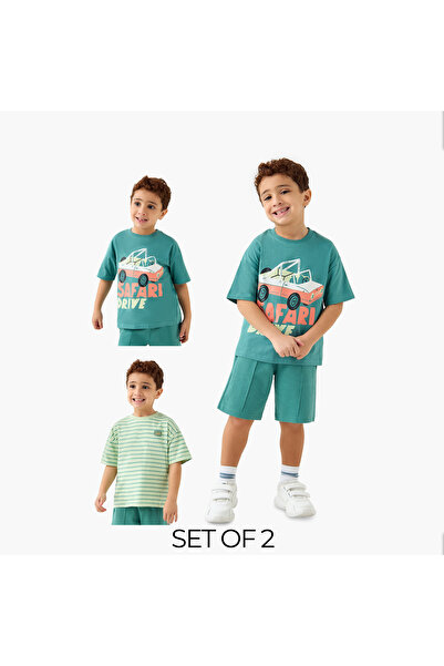 Juniors تي شيرت مطبوع برقبة دائرية وأكمام قصيرة - مجموعة من قطعتين